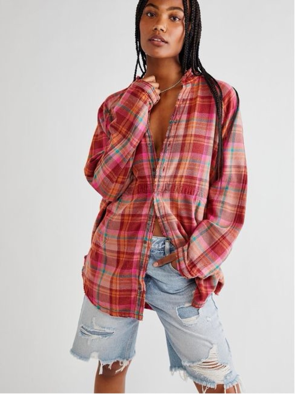 We The Free Plaid Button-Down Shirt Jacket with a raw hem in Pink, Orange & Teal